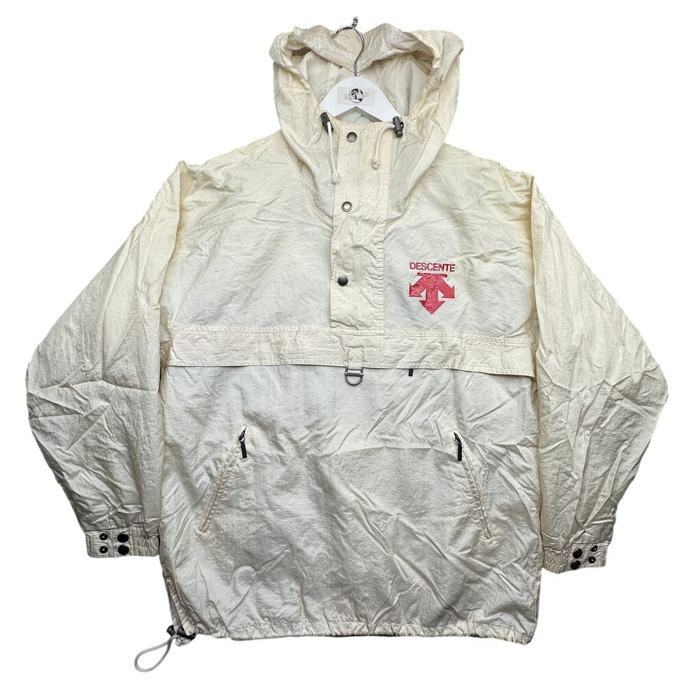 Vintage Descente Anorak 1/4 Zip Button Windbreaker Jacket Mens Small White Logo